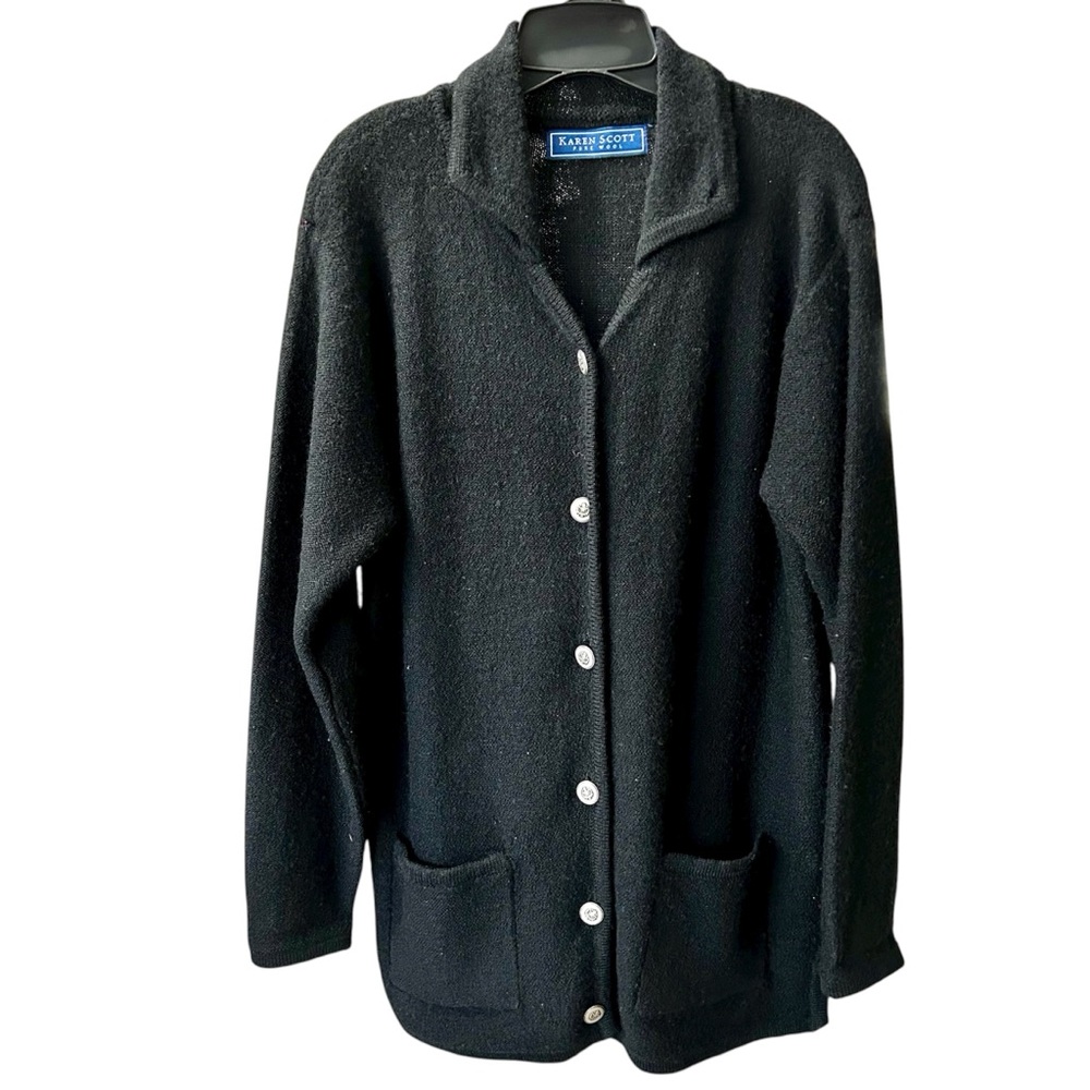 Karen Scott Pure Wool Shacket Button Up Cardigan Sweater Sz Medium Black